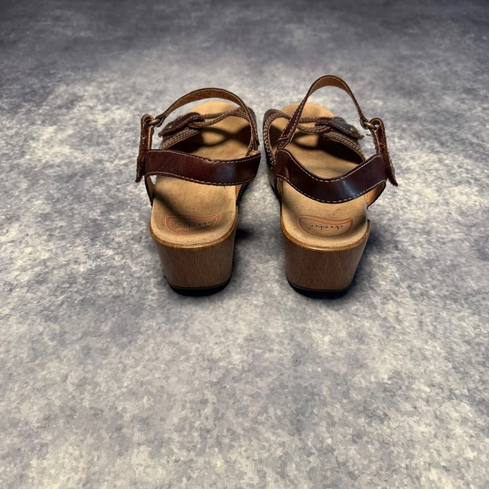 Dansko Sissy Brown Leather Wedge Sandals Ankle Strap Wood Grain 41 US 10.5 11